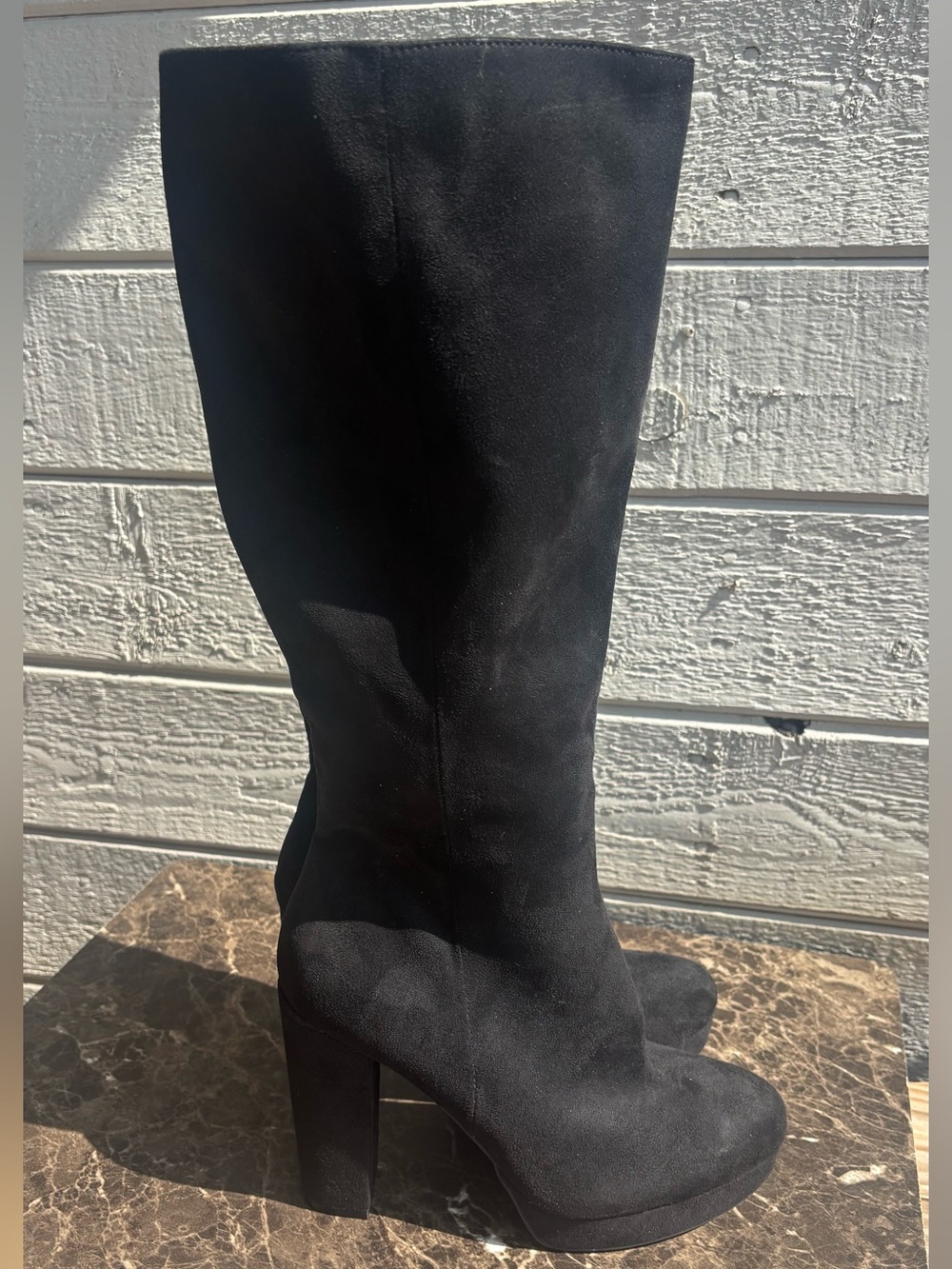 Black Suede High Block Heel Knee Boots